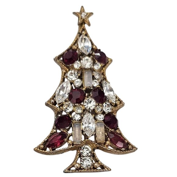 Regency Gold Tone Red Clear Rhinestone Christmas Tree Brooch Signed, J5 - Picture 4 of 11